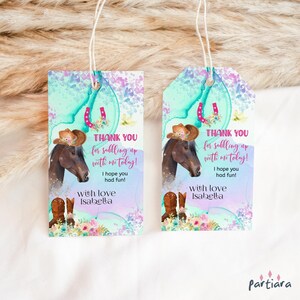 Pferd Dankeschön Tag, Pferd Geburtstag Tags, Lila Pferd Favor Geschenkanhänger Vorlage, Ranch Party Etiketten Druckbar Bearbeitbar Digitaler Download P478
