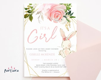 Editable Bunny Baby Shower Invitation Girl: Pink Floral Bunny Invite Printable P376