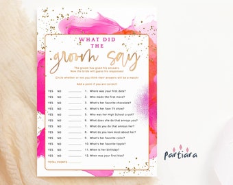 Bridal Shower Game What Did The Groom Say Editable Template Tropical Hot Pink Orange Party Notecard Printable Digital Download P200