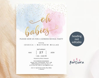 Twin Gender Reveal Invitation Editable Template: Twins Sex Reveal Invite Printable - Pastel Blue and Pink P16