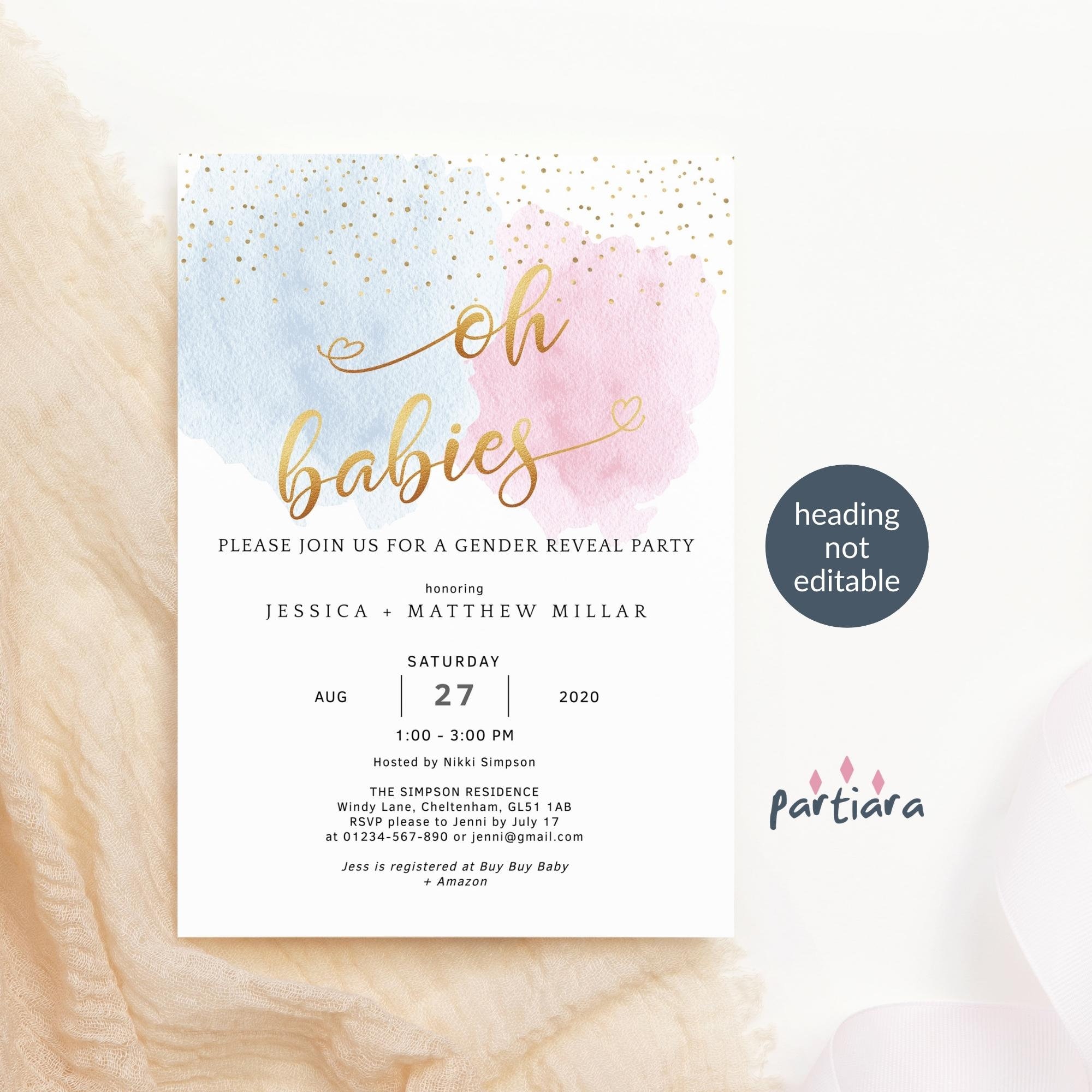 Twins Gender Reveal Invitation Printable Editable Pastel Blue Etsy
