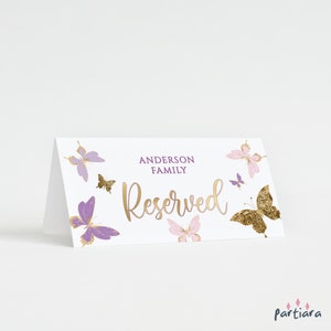 Letrero de mesa reservada, decoración de fiesta de mariposas, imprimible, tarjetas de carpa reservadas para quinceañeras, decoración de mesas de color rosa lila para bautizo de niña, editable P345