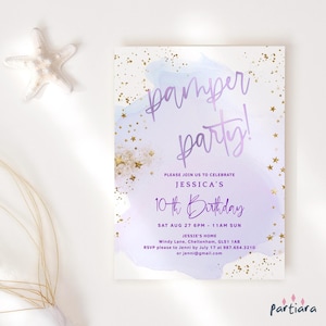 Girls Pamper Party Invitation Printable Lilac Purple Gold Birthday Spa Day Invite for Teens or Ladies Editable Digital Corjl Download P458