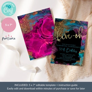 Puede incluir: Dos plantillas de invitaci&oacute;n de 5 x 7 pulgadas. Una presenta un vibrante dise&ntilde;o abstracto magenta y turquesa con detalles dorados. La otra tiene el texto "Live-oh" en escritura dorada, con detalles para una celebraci&oacute;n de 50 cumplea&ntilde;os.