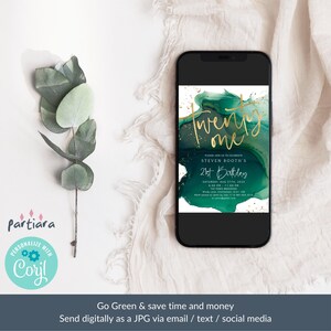 May include: A digital invitation for a 21st birthday party. The invitation features a green and gold abstract design with the text "twenty one" in gold script. The invitation includes the name "Steven Booth's", the date "Saturday, Aug 27th, 2022", the time "4:00 PM - 11:00 PM", the location "The Fines Brasserie", and the address "Windy Lane, Cheltenham, GL51 7AB".