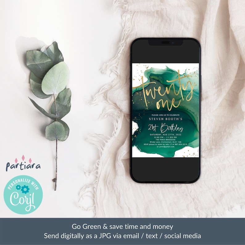 May include: A digital invitation for a 21st birthday party. The invitation features a green and gold abstract design with the text "twenty one" in gold script. The invitation includes the name "Steven Booth's", the date "Saturday, Aug 27th, 2022", the time "4:00 PM - 11:00 PM", the location "The Fines Brasserie", and the address "Windy Lane, Cheltenham, GL51 7AB".