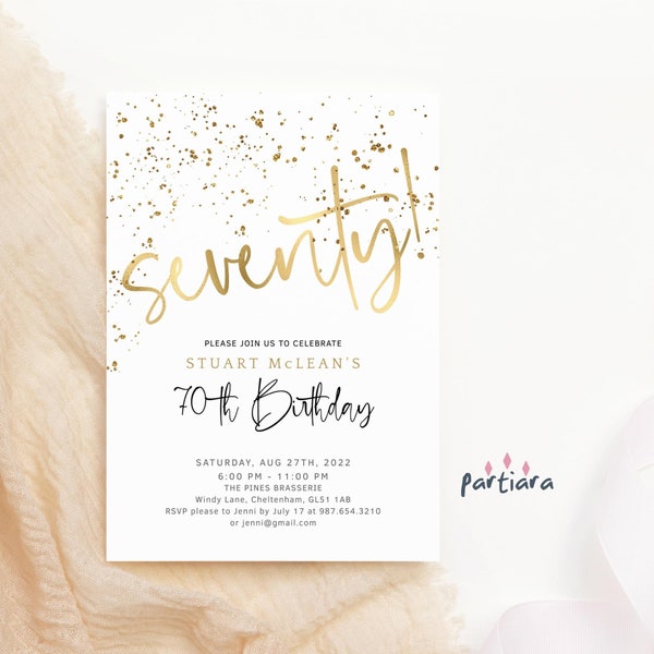 Ladies 70th Birthday Invitation Printable Elegant Garden Brunch Editable Template All White and Gold Lunch or Dinner Party P132 P493