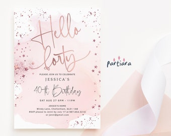 40th Birthday Invitation Digital Download: Pink Hello Forty Printable (Editable Template) P458