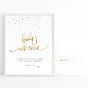 Baby Shower Advice Sign and Notecard Set Printable, Editable All White Gold Boy or Girl Gender Neutral Table Poster Decor Template P16