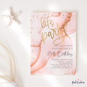 Let&#39;s Party Ladies Birthday Invitation Printable Blush Gold Confetti Brunch Lunch or Dinner Party Invite Editable Template P262