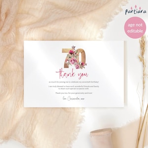 70. Geburtstag Danke Kartenvorlage, Floral 70 Dinner Party Notecards druckbar, rosa rotes Dekor, bearbeitbarer digitaler Download P195