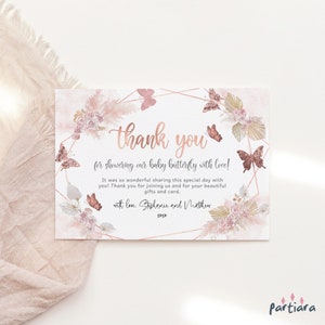Babyparty Dankeskarten Schmetterling Party druckbar, Mädchen Pastell Taufe Dankeschön Notecard, Rose Gold Rosa Boho Dekor, bearbeitbar P171