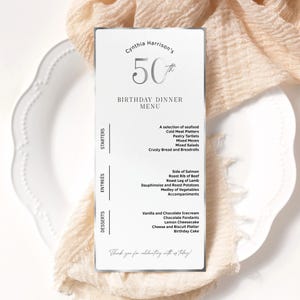 Plantilla de menú para 50.º cumpleaños, menú imprimible para 50.º aniversario de bodas de plata, descarga digital editable, menús de mesa de 4x9 P853