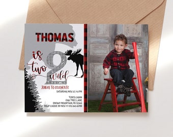 Two Wild 2nd Birthday Invitation Lumberjack Party Printable Boys Buffalo Plaid Photo Invites Editable Digital Download Corjl Template P13