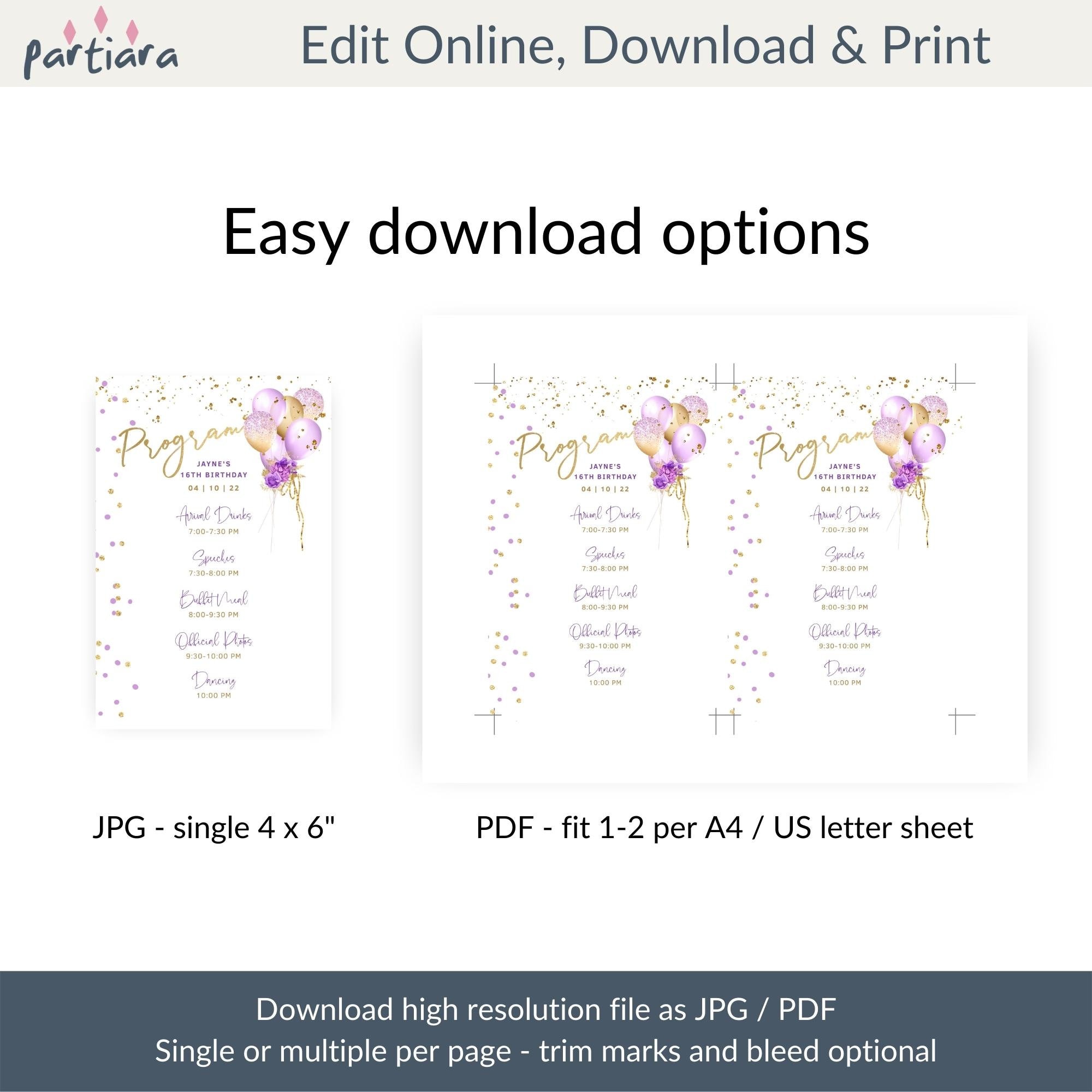 Ladies Birthday Party Program Template Printable Lilac Purple -   Portugal