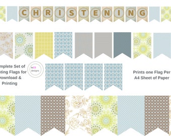 CHRISTENING 7 x 10 Inch Bunting Flags | Boys Girls | Garland Flags Pennants Decor | Blues Greys Yellow Gold Polka Dot Gingham Striped Floral
