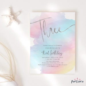 Pastel 3rd Birthday Invitation Rainbow Party Printable for Girls, Pink Silver Princess Decor, Editable Digital Download Template P179
