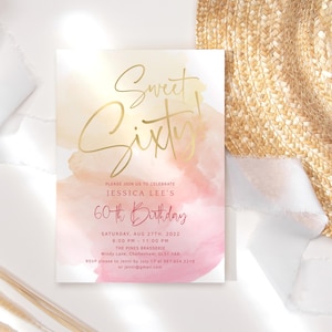 Pastel 60th Birthday Invitation, Sweet Sixty Party Invite Digital Download, Ladies Pink Orange Brunch or Cocktails Printable, Editable P178