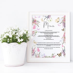 Menu buffet de fleurs sauvages, menus de fête brunch floral, carte de menu d'anniversaire pour dames imprimable, décoration de table papillon, téléchargement modifiable P256