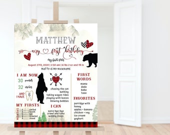 Lumberjack Sign 1st Birthday Milestone Chart Boy Rustic Winter Grisly Bear Decoration Printable Birth Stats First Year Editable Download P13