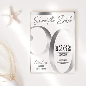 50. Geburtstag Speichern Sie die Datumsvorlage, Damen Dinner Party Einladung Ankündigung Printable, alles weiße silberne Dekor, bearbeitbare Download P853