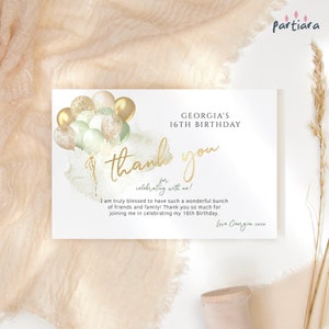 Modello di biglietto di ringraziamento per compleanno, biglietti per feste per ragazze adolescenti stampabili, decorazioni per palloncini oro verde menta salvia per donne, download modificabile P232