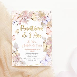 Boho Butterfly Invitation 3rd Birthday Spanish Party Invite Digital Download for Girls, Pastel Pink Purple Decor, Editable Template P171