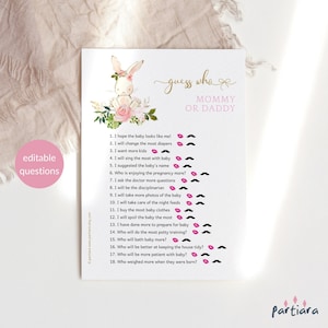 Jeu de bébé lapin qui l'a dit, carte de jeux devinette fille baby shower devinez qui maman ou papa, modèle modifiable imprimable rose floral à télécharger P376