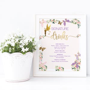Letrero imprimible para menú de bebidas con diseño de hadas, póster decorativo para mesa con diseño de hadas, mariposas y flores para fiesta de cumpleaños de niña, descarga digital editable P328