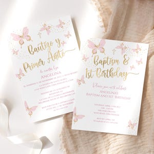 Taufeinladung 1. Geburtstag Schmetterling Spanisch und Englisch Party einladen Digital Download Editable, Girls Pink Invite Karten Printable P293