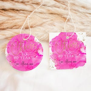 Felroze verjaardagstags, Cheers to 30 Years Favor Gift Tag afdrukbare, dames 40e 50e 60e diner stickers, bewerkbare sjabloon P200