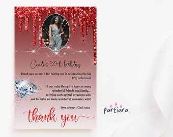 Red Silver Photo Thank You Card Menu Style Plate Decor Printable, Ladies Birthday Diamond Theme Thankyou Notecard Editable Download P106