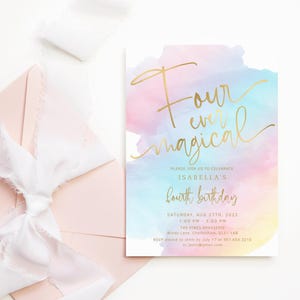 Fille 4e anniversaire inviter quatre invitations magiques pastel arc-en-ciel licorne ciel Tea Party modèle imprimable en téléchargement numérique modifiable P179