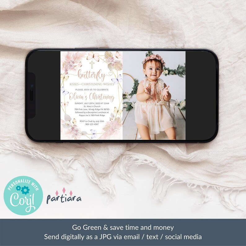 May include: A pink and gold digital invitation with a butterfly theme for a baby girl's christening. The invitation features a photo of the baby girl, a cross, butterflies, and floral accents. The text on the invitation reads "butterfly kisses christening wishes please join us to celebrate Olivia's Christening Sunday, July 29th, 2022 at 11am St. Mary's Church 789 Puk Lane, Windy Ridge PA Followed by a Reception Lunch at Pappa Joe's, 889 Park Ridge RSVP to Cindi by July 10th 509-123-4567"