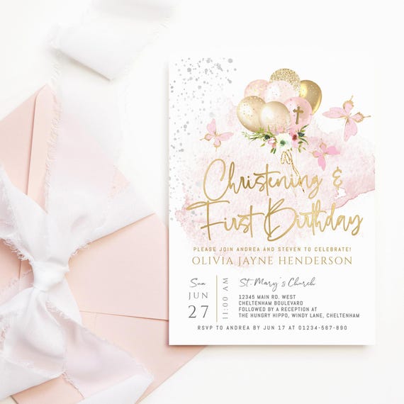 1st Birthday Christening Invite Printable, Girl Butterfly Balloons