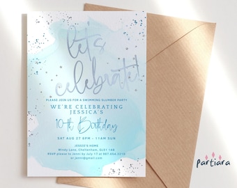 Lets Celebrate Party Invitation Printable, Pastel Birthday Invite Girl Editable Template, Blue and Silver Stars Decor, Digital Download P458