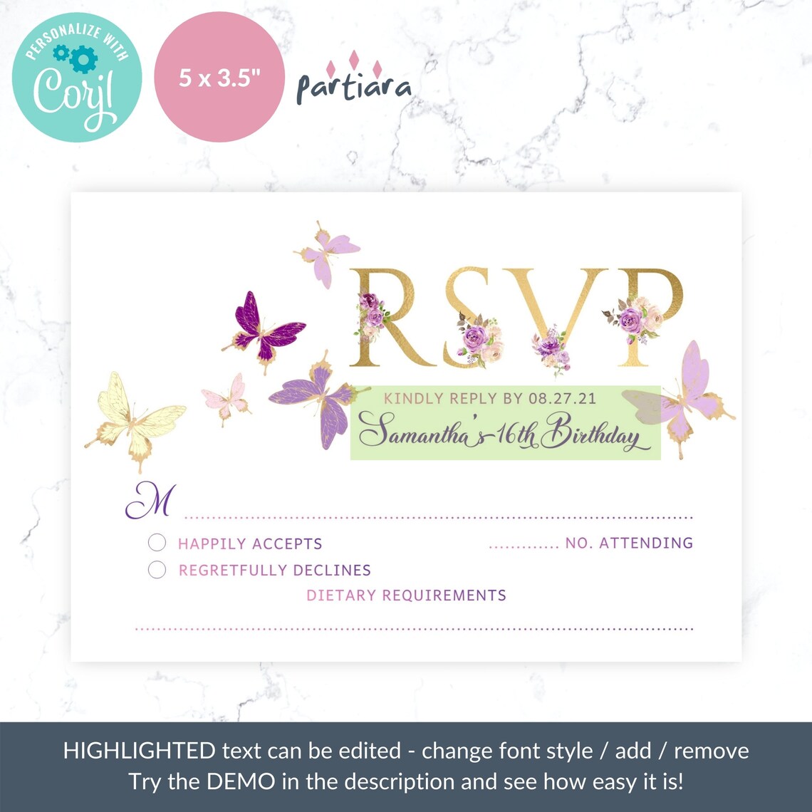 Quinceanera Invitation RSVP Card DIY Printable Butterfly Decor - Etsy