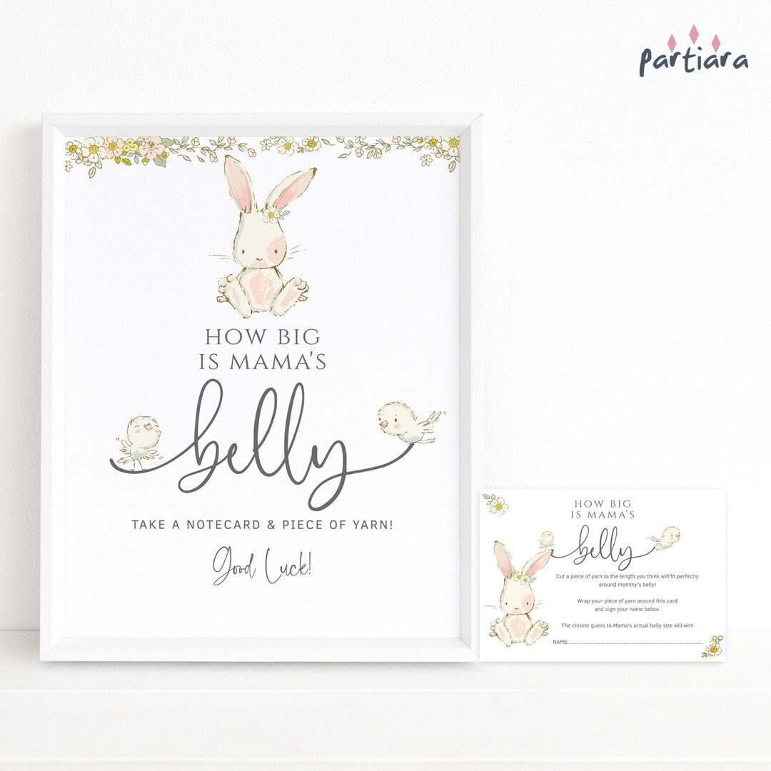 Bunny Baby Shower Games How Big is Mommy's Belly Sign and Notecard Set