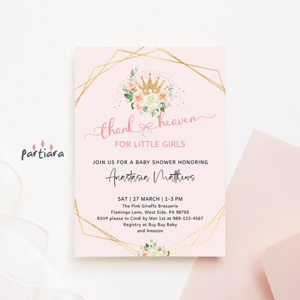 Baby Princess Invitation, Thank Heavens for Little Girls Baby Shower Party Invite Printable, Peach Pink Floral Gold Tiara, Editable P74