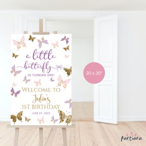 Butterfly Welcome Sign, Girl 1st Birthday Party Welcome Poster Printable, Our Little Butterflies Pink Lilac Decor, Editable Download P345