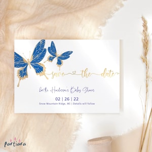 Editable Save the Date Card Butterfly Birthday Party Save the Dates Printable Girl Quinceanera Royal Blue Gold Announcement Download P519