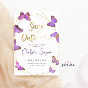 Editable Save the Date Card Quinceanera Butterflies 15th Birthday Announcement Cards Printable Lilac Gold Decor Digital Download P8 P259