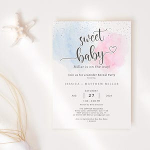 Invitación para revelar el género del bebé, plantilla de invitación digital para fiesta, invitaciones para baby shower imprimibles, nubes rosadas y azules pastel para niño y niña, tarjeta editable P16