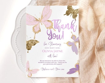 Butterfly Thank You Cards, Baby Shower Place Cards, Girls Birthday Table Plate Decor Printable, Pink Purple Butterflies Party, Editable P345