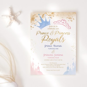 Royal Prince Princess Birthday Invitation Editable Template Boy Girl Brother Sister Joint Fairytale Theme Party Printable Crown Castles P137