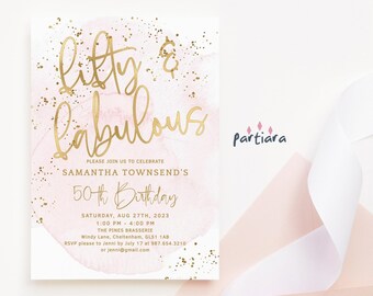 50th Birthday Invitation Pastel Pink Party Printable, Fifty and Fabulous Ladies Dinner Drinks Invite Editable Digital Download Template P249
