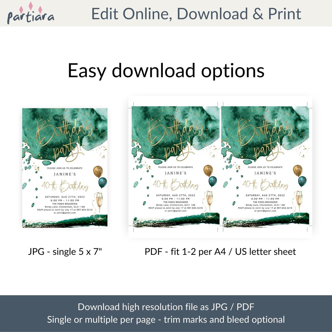 Emerald Green Birthday Invitations Printable Ladies 30th 40th Etsy