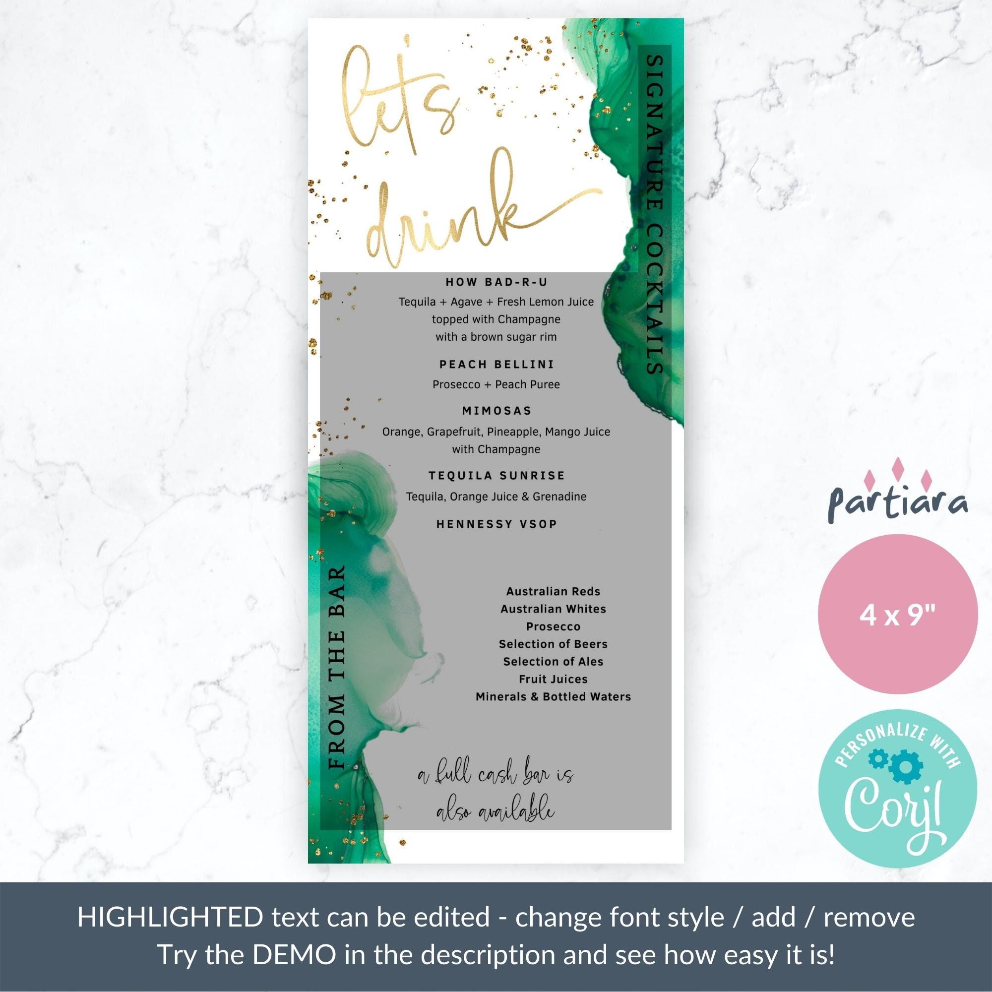 Emerald Birthday Drinks Menu Card Printable, Ladies Green Gold Dinner ...