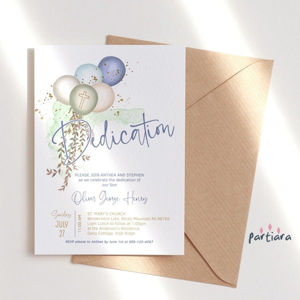 Baby's Dedication Invitation Printable Boy Girl Gender Neutral Pastel Blue Green Balloons Party Invite Editable Download Template P662