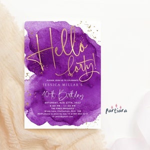 Hallo vierzig einladen 40. Geburtstagseinladung für Damen, lila Dinner Party Karte druckbare, bearbeitbare digitale Download Vorlage P281